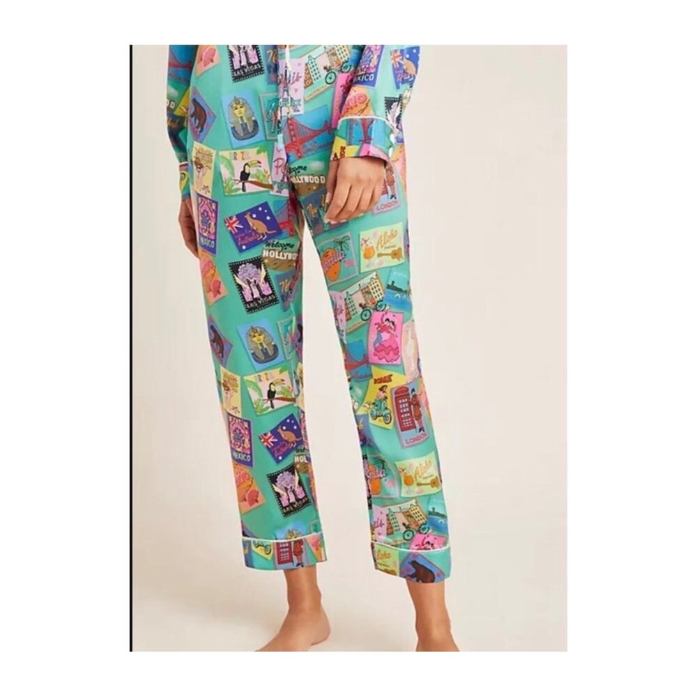 Karen Mabon Pajama Pants Women Medium Teal Multi Excellent Travel Postcard Print